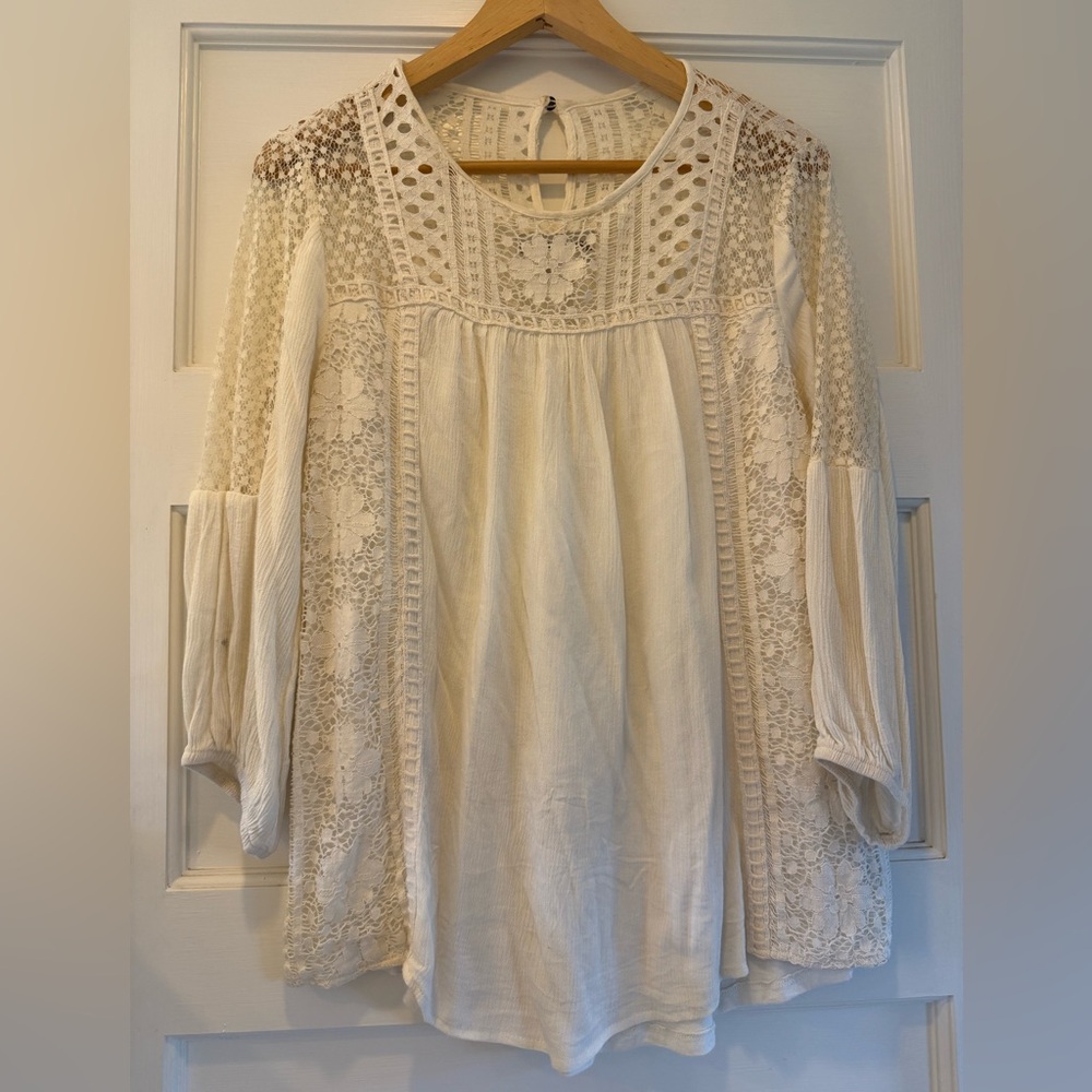 Knox Rose‎ Cream Lace 3/4 Sleeve Blouse Small Boho Romantic Lace Delicate